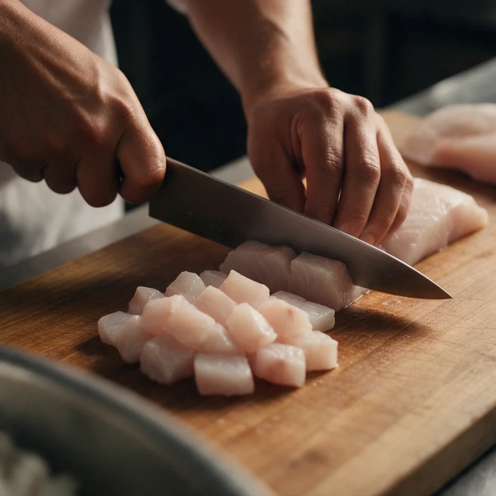 Manos cortando pescado blanco en cubos sobre una tabla de madera
