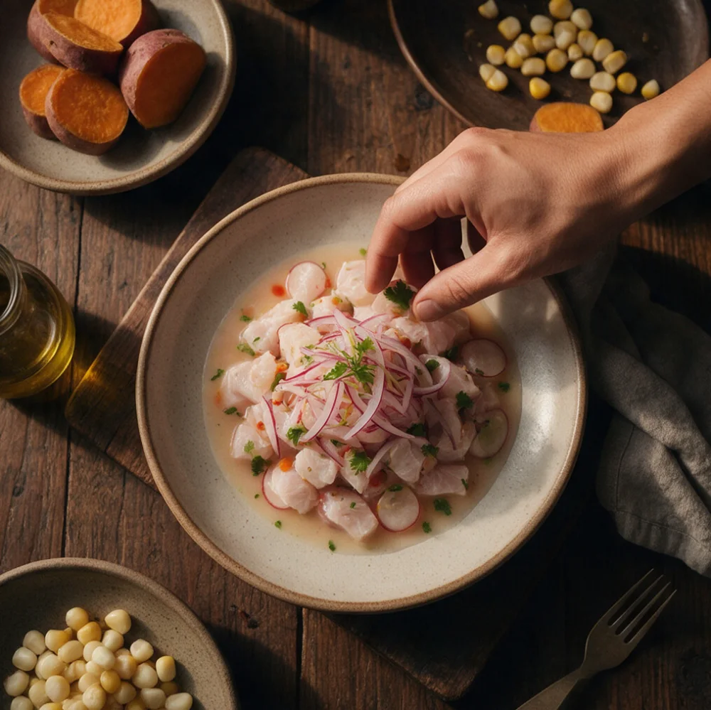 Un ceviche servido sobre una mesa de madera, con camote y choclo